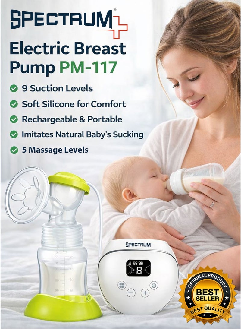 Spectrum Electric Breast Pump PM-117 USB Type-C Rechargeable Single Milk Pump for Nursing & Breastfeeding Moms 5 Massage Levels & 9 Suction Levels Soft Silicone Breast Shield Cushion Anti-Backflow Hygienic Closed System LCD Digital Display Touch Control Portable, Quiet, Lightweight BPA-Free PP Baby Bottle 180ml (6oz) with Stand Easy to Clean for Home, Travel, Working Mothers Pumping & Milk Storage - Image 1